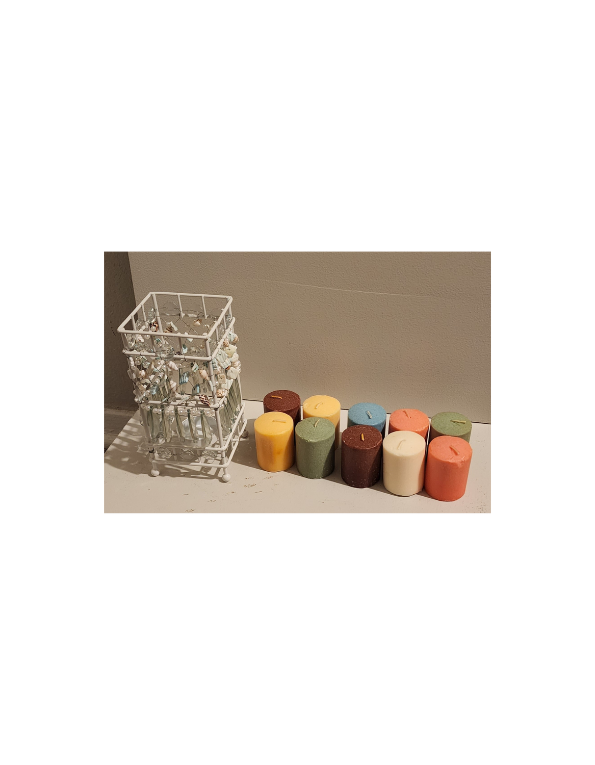 Coastal White Beaded Candle Holder with 10 Assorted Votive Candles – Shell, Pearl &amp; Glass Accent Lantern – 5.5&quot; Tall – Boho Beach Décor