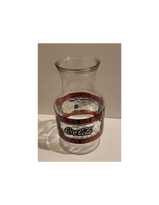Vintage Godfather’s Pizza Coca-Cola Glass Carafe – 1980s Restaurant Pitcher – Faux Stained Glass – 29.5 oz – Libbey Glass USA