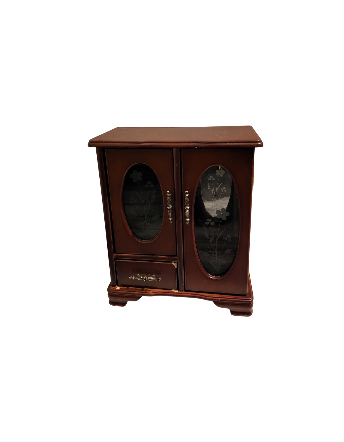 Vintage Wooden Jewelry Armoire with Etched Glass Doors | Velvet-Lined Interior | Rotating Necklace Carousel | Mid-Century Mini Cabinet