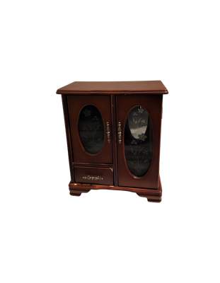 Vintage Wooden Jewelry Armoire with Etched Glass Doors | Velvet-Lined Interior | Rotating Necklace Carousel | Mid-Century Mini Cabinet