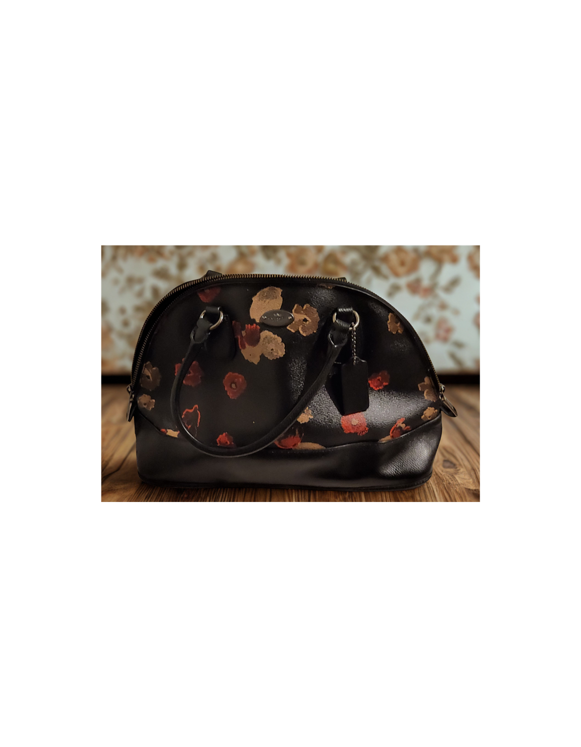 Coach-Inspired Floral Dome Satchel Handbag  Black &amp; Red Print  Structured Faux Leather Bag