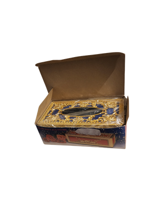 NOS Vintage Deluxe Tissue Box Cover – Blue &amp; Gold Baroque Roses – Made in Taiwan – In Box