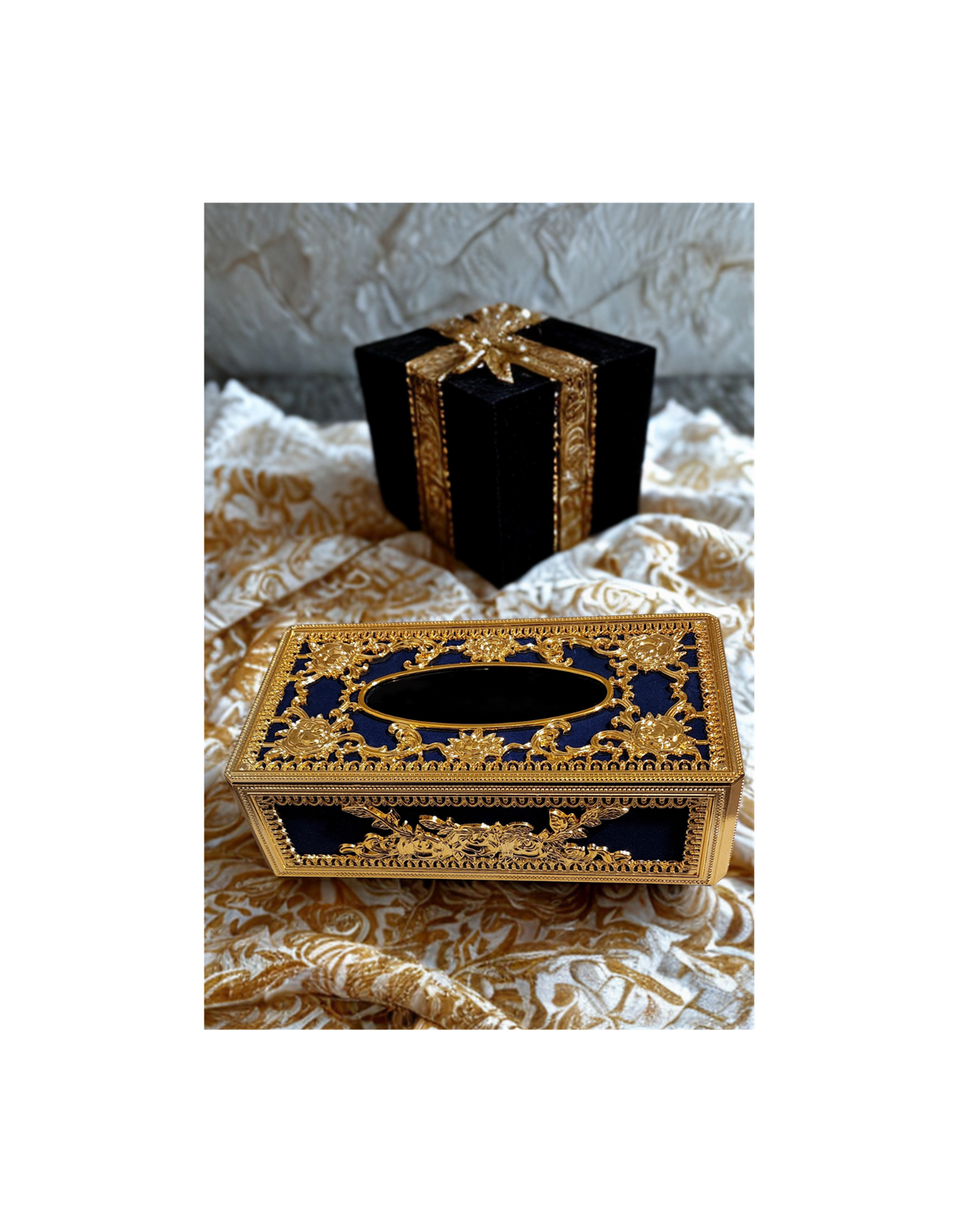 NOS Vintage Deluxe Tissue Box Cover – Blue &amp; Gold Baroque Roses – Made in Taiwan – In Box