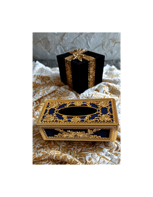 NOS Vintage Deluxe Tissue Box Cover – Blue &amp; Gold Baroque Roses – Made in Taiwan – In Box