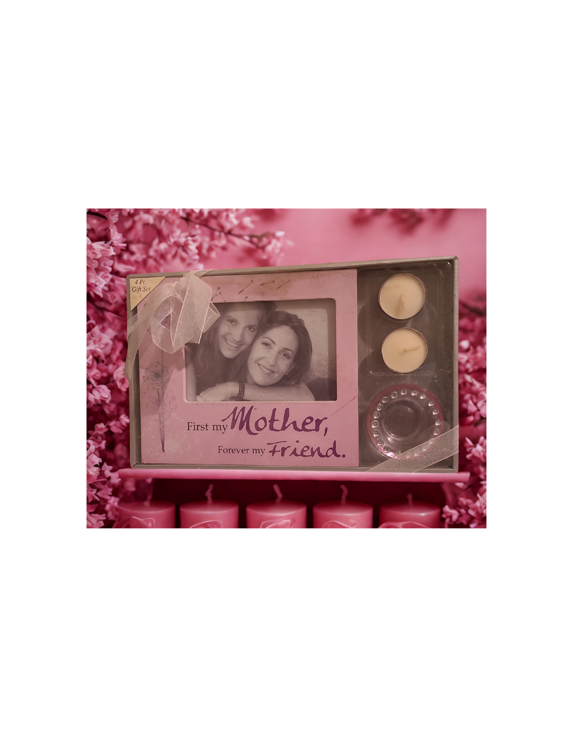 Mother’s Day 4-Piece Gift Set – Pink “First My Mother, Forever My Friend” Photo Frame, Tealight Holder &amp; Candles – New in Box