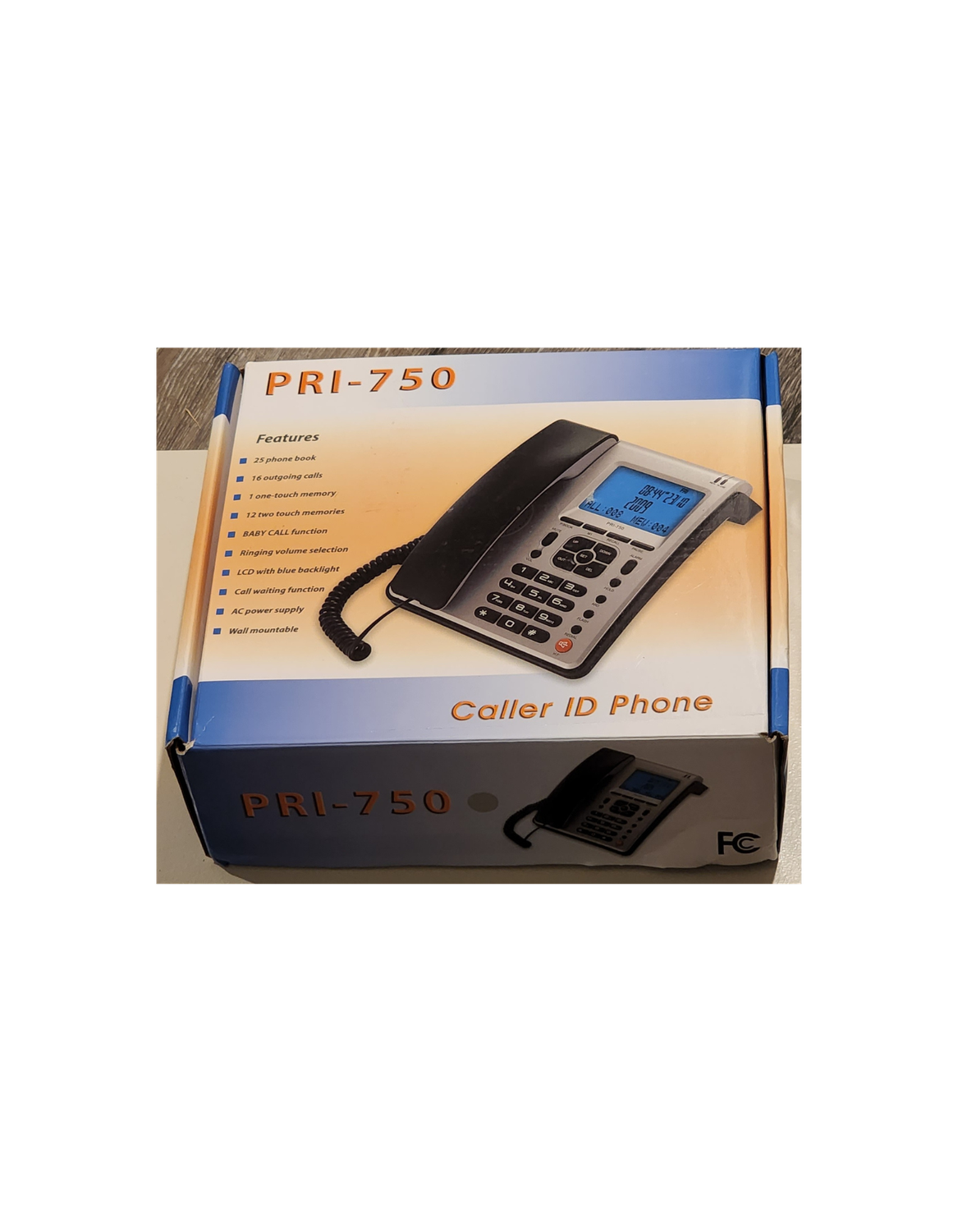 PRI-750 Caller ID Phone – New in Box – Blue Backlit LCD, Memory Dial, Wall Mount
