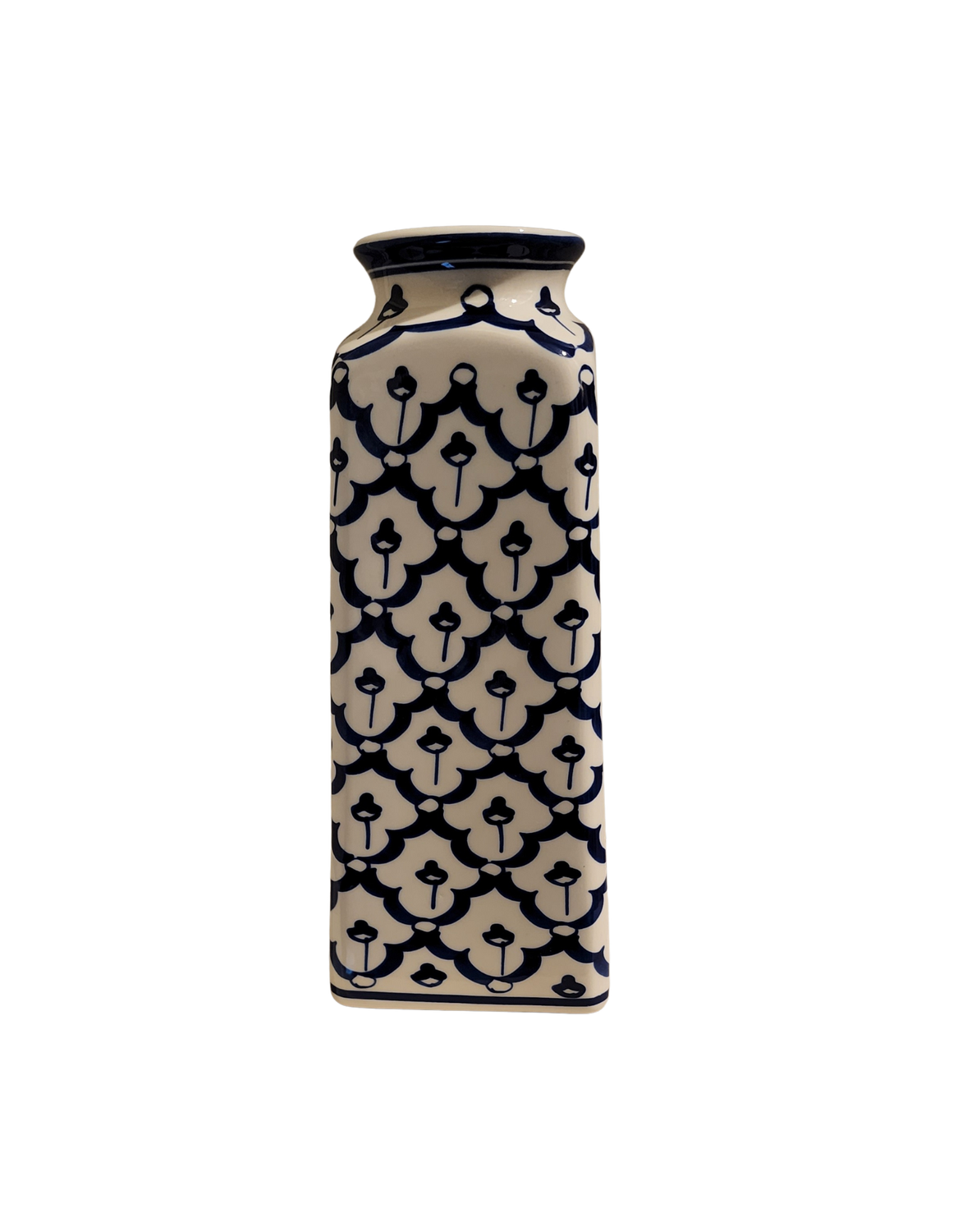 Sea Island Square Washington Monument Blue &amp; White Porcelain Vase – 10&quot; Tall – Geometric Trellis Pattern – Modern Coastal &amp; Farmhouse Decor