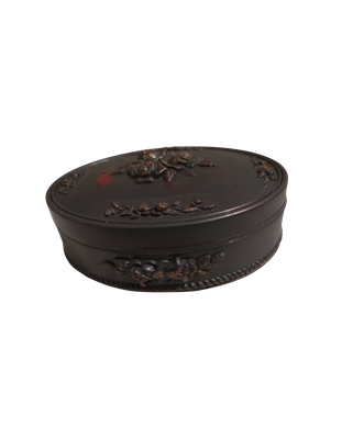 Vintage Florence Italy Oval Trinket / Jewelry Box – Victorian Revival Imitation Jet – Raised Rose Design – Layered Paint Finish – Burgundy Velvet Lining
