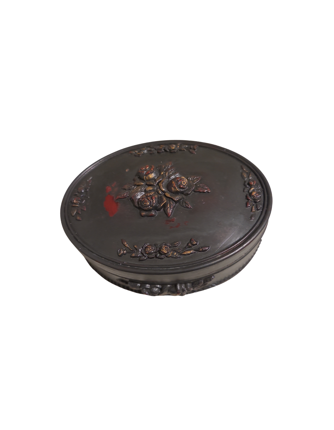 Vintage Florence Italy Oval Trinket / Jewelry Box – Victorian Revival Imitation Jet – Raised Rose Design – Layered Paint Finish – Burgundy Velvet Lining