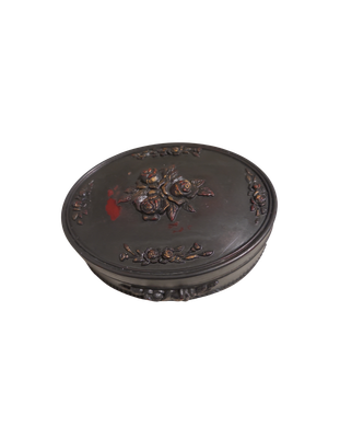 Vintage Florence Italy Oval Trinket / Jewelry Box – Victorian Revival Imitation Jet – Raised Rose Design – Layered Paint Finish – Burgundy Velvet Lining