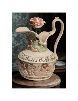 Vintage Italian Capodimonte-Style Porcelain Ewer Pitcher – Cherubs &amp; Mermaids Relief (Mid-Century Rococo Revival)