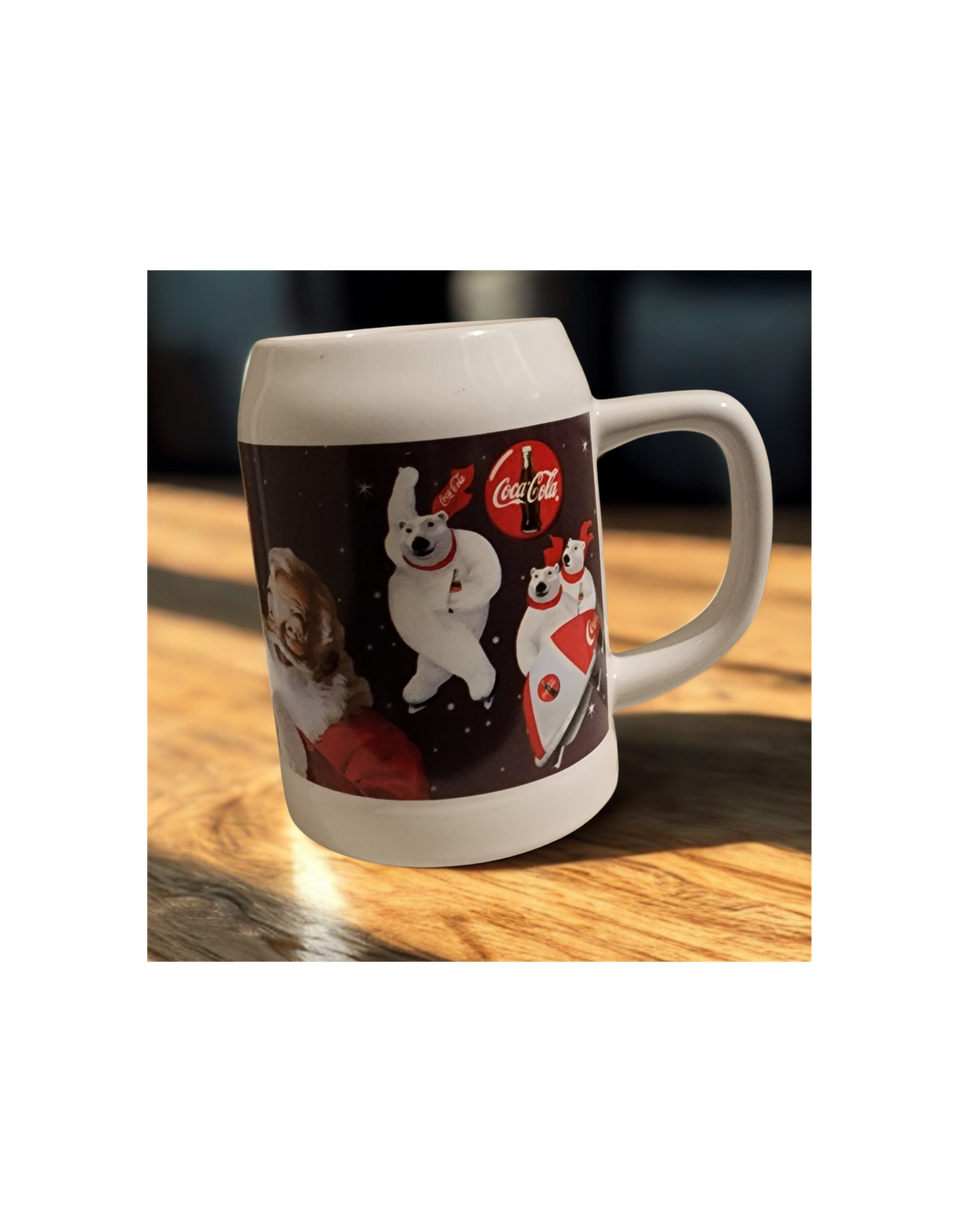 Vintage 1995 Coca-Cola Holiday Mug – Santa &amp; Polar Bears – Can-Shaped Ceramic Stein (Made in Thailand)