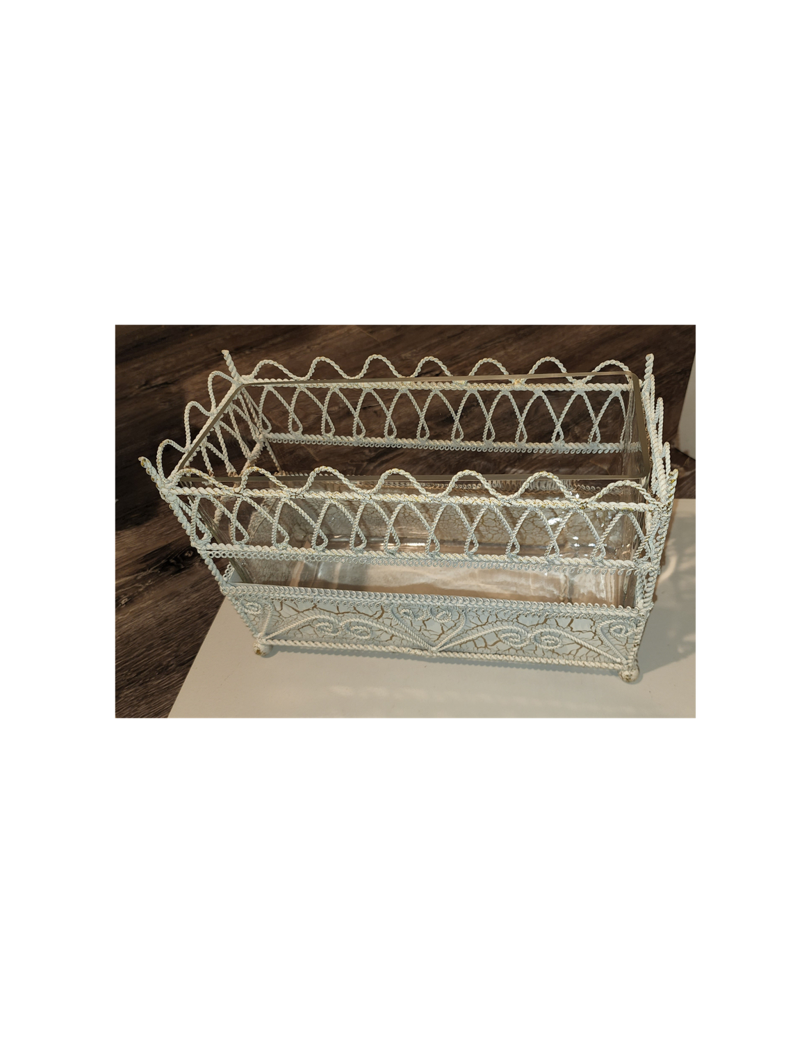 Vintage Shabby Chic Wire Filigree Planter Basket with Glass Insert
