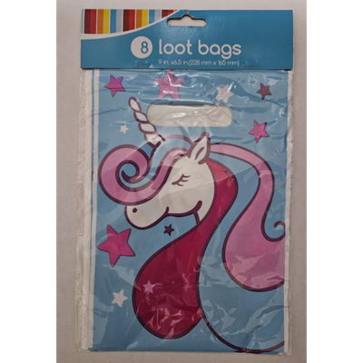 "Eight colorful unicorn-themed loot bags featuring magical designs, perfect for birthday parties and celebrations."