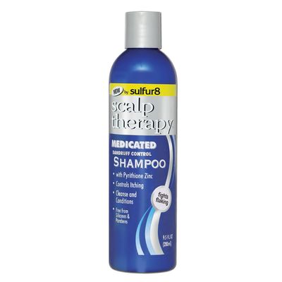 Sulfur8 Scalp Therapy Medicated Shampoo, 9.5 fl. oz. (Unisex) A yellow 9.5 fl. oz. bottle of Sulfur8 Scalp Therapy Medicated Shampoo, labeled for unisex use and formulated for soothing, medicated scalp care.
