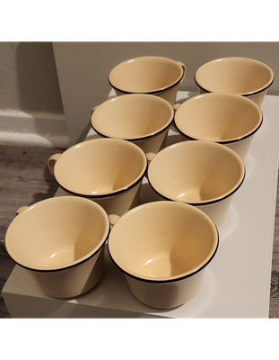 Vintage Pfaltzgraff Countryside Stoneware Coffee Cups Beige Brown Rim - Set of 8