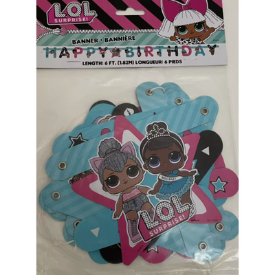 "Colorful LOL Surprise 6 ft Happy Birthday banner, perfect for party decorations and celebrations."