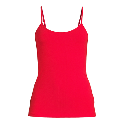 Time and Tru Women's Cami in Brilliant Red, featuring adjustable spaghetti straps, a scoop neckline, and a fitted design. Size Large (12-14), made from a soft cotton-modal-spandex blend. Brand new with tags.