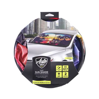 Auto Drive Universal Automotive Windshield Twist Sunshade 2-Pack, featuring a vibrant sunset palm tree design, silver heat-reflective back, and foldable design for easy storage. Size 28.5" x 31.5", universal fit for most vehicles.