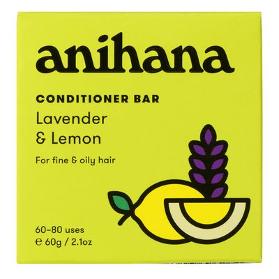 A yellow rectangular box of “Anihana Lavender &amp; Lemon Conditioner Bar” featuring botanical illustrations and text highlighting its eco-friendly, nourishing formula for regular hair.