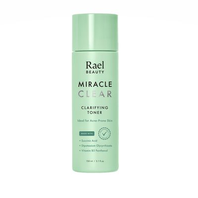 Alt Text: A clear 5.1 fl. oz. bottle of Rael Miracle Clear Clarifying Toner, featuring simple white and green labeling for unisex use.