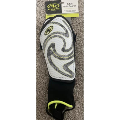 White/black soccer shin guards with stirrup strap and padded ankle guards for secure, all-position play. Brand new with tags.