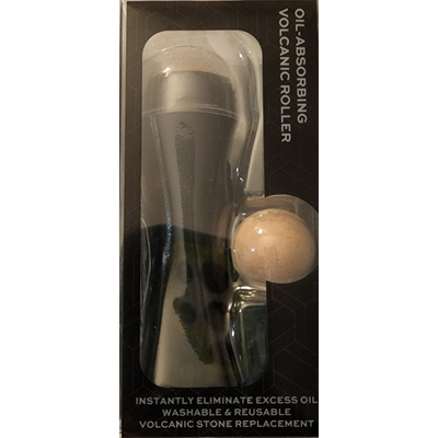 A rectangular black box with geometric patterns showcasing a handheld oil-absorbing volcanic roller. The roller’s black handle and beige volcanic stone ball are partially visible through clear plastic packaging, accompanied by text reading “Oil-Absorbing Volcanic Roller” and product details on the front and back.