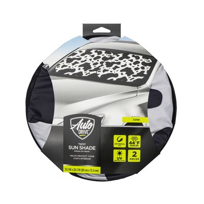 "Auto Drive windshield sunshade with cow print design, universal fit, 2-pack, 28 x 31.5 inches, protects against heat and UV rays."