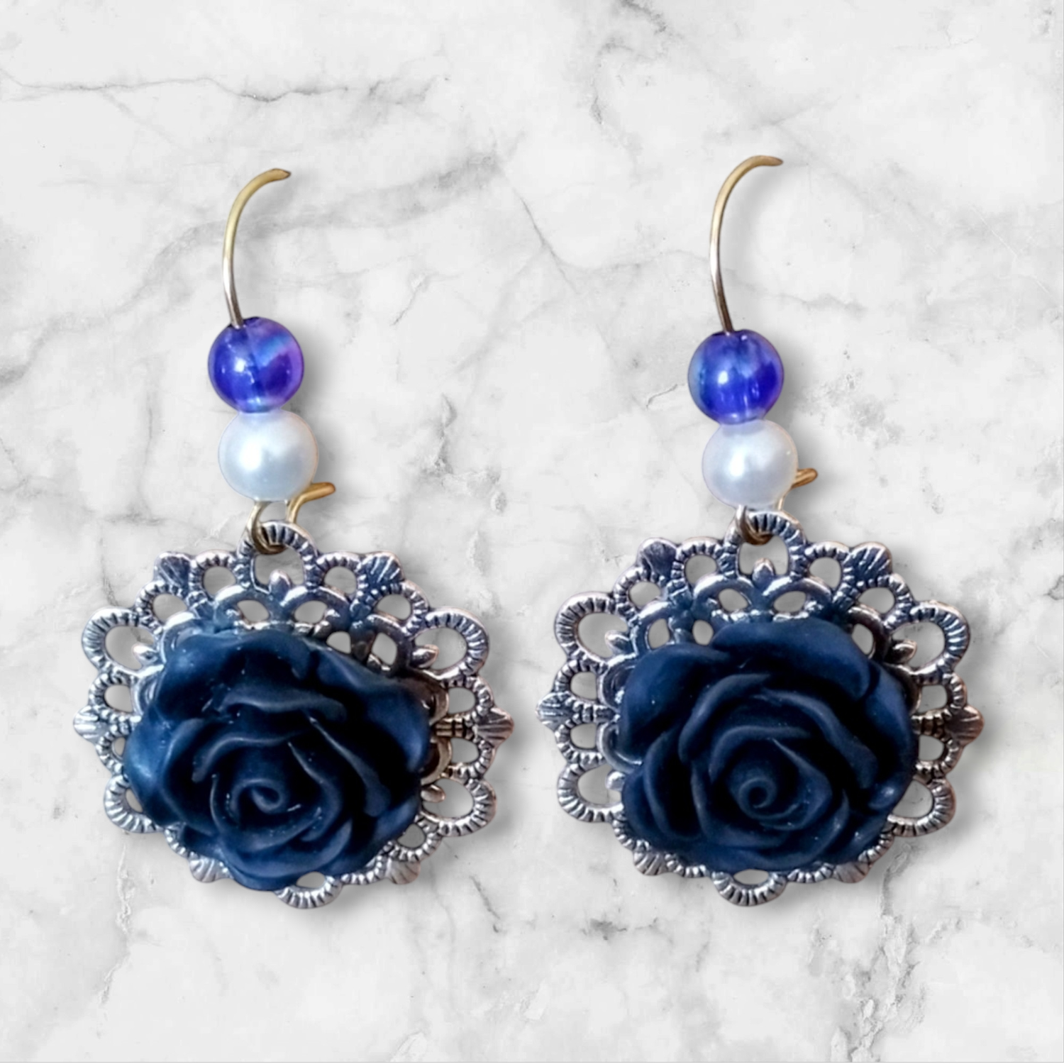 Handcrafted Silver-Toned Rose Earrings