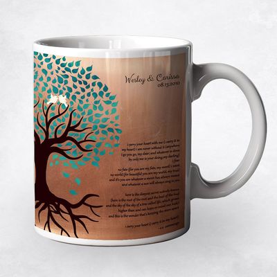 Side Turquoise Tree Anniversary Ceramic Coffee Mug Gift For Couples M-1407