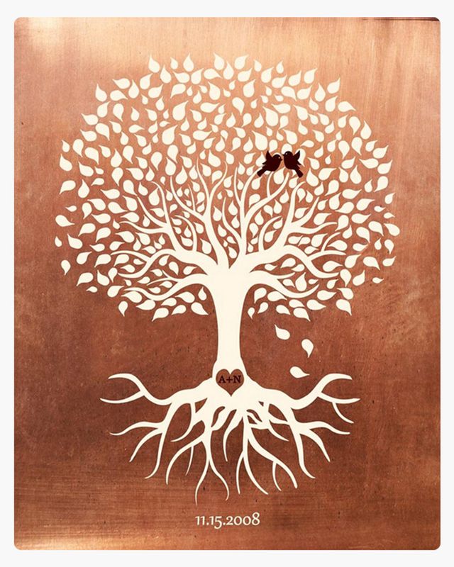 White Silhoutte Tree with Roots Copper 7th Anniversary Wall Plaque Gift for Couples LTC-1196