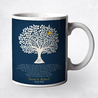 Tree Silhouette Navy Linen Wedding Ceramic Coffee Mug Gift For Mother Of The Groom M-1115