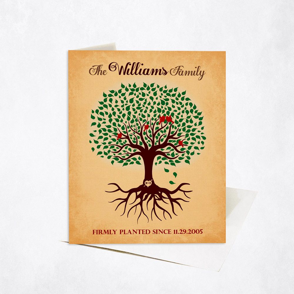 Green Tree With Roots On Gold Wedding Stationery Card For Couples C-1128