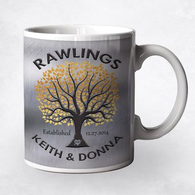 Gold Tree And Family Name Anniversary Ceramic Coffee Mug Gift For Couple M-1214