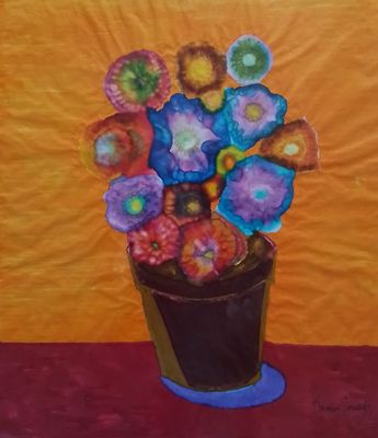 Neon Flowers on Red Table