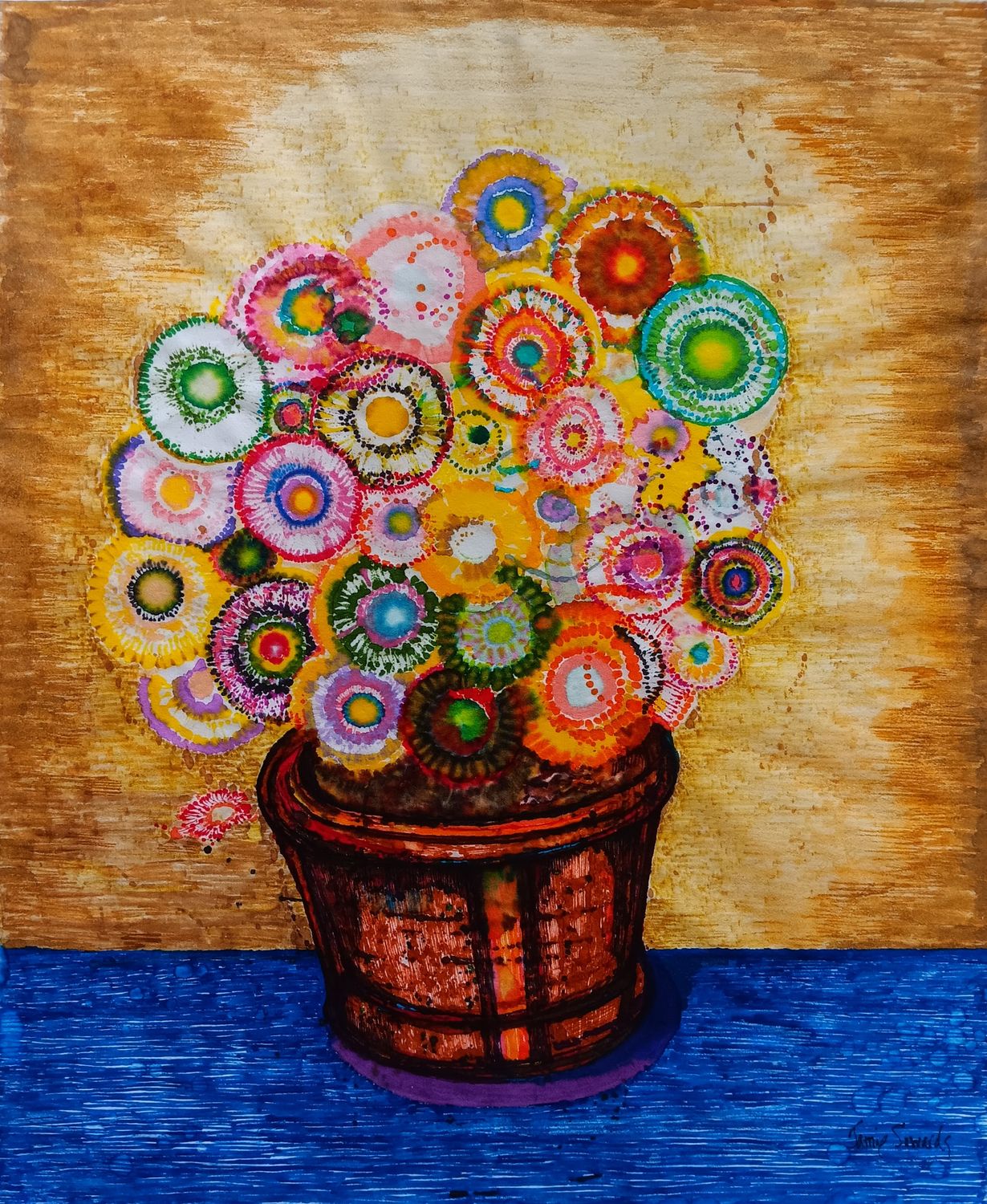 Pot of Flowers on a Blue Table