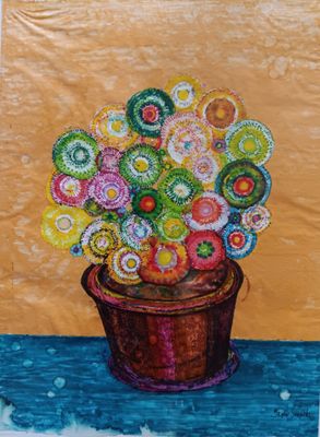 Flowers in a Pot on a Teal Table