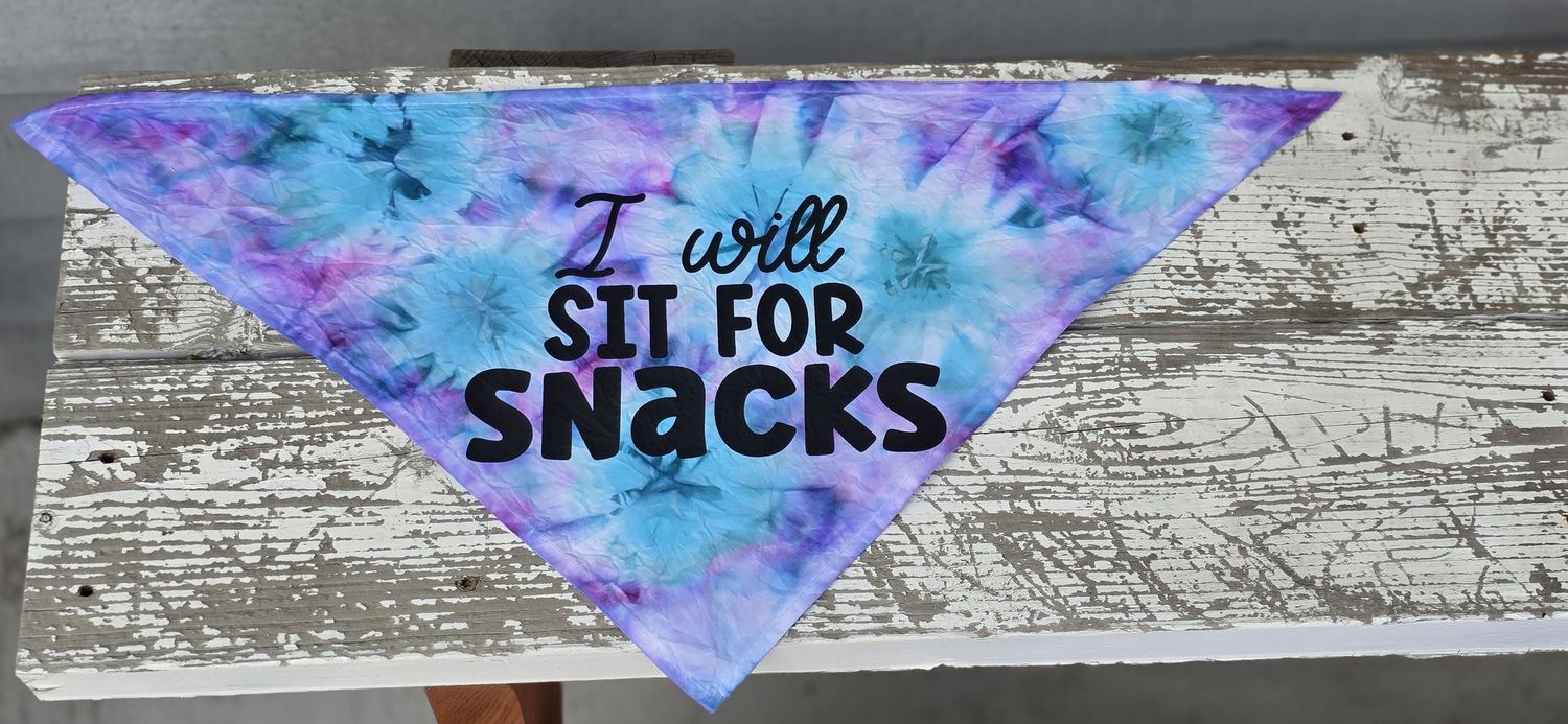 M/L Tye Dyed Bandanas, Bandana Color: Purple, Phrase: Will Sit For Snacks - Black Font