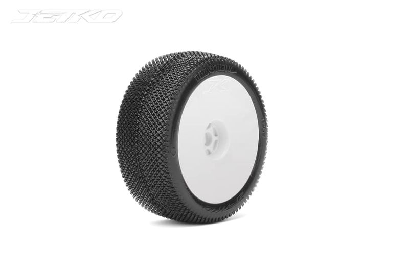 Jetko Pneus Buggy 1:8 Red Devil Composite Super Soft (2) monter coller sur jante blanche Evo
