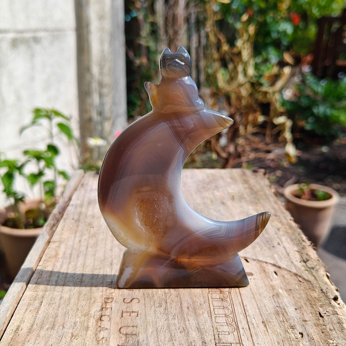 Grijze agaat carving van een kat op een maan met druzy, 13 cm, 150 g – voor harmonie en spirituele groei.