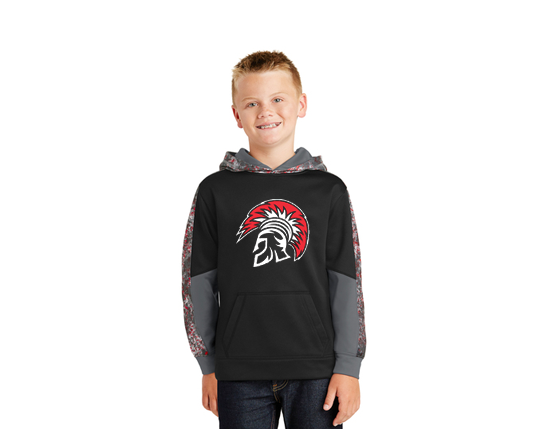 YST231 Sport-Tek® Youth Sport-Wick® Mineral Freeze Fleece Colorblock Hooded Pullover - Deep Red/Black