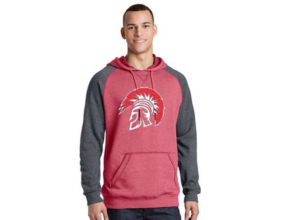 DT196 District ® Lightweight Fleece Raglan Hoodie - Heather red &amp; heather charcoal.