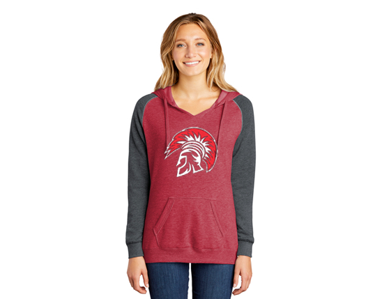 DT296 District ® Women’s Lightweight Fleece Raglan Hoodie
 - Heather red &amp; heather charcoal.