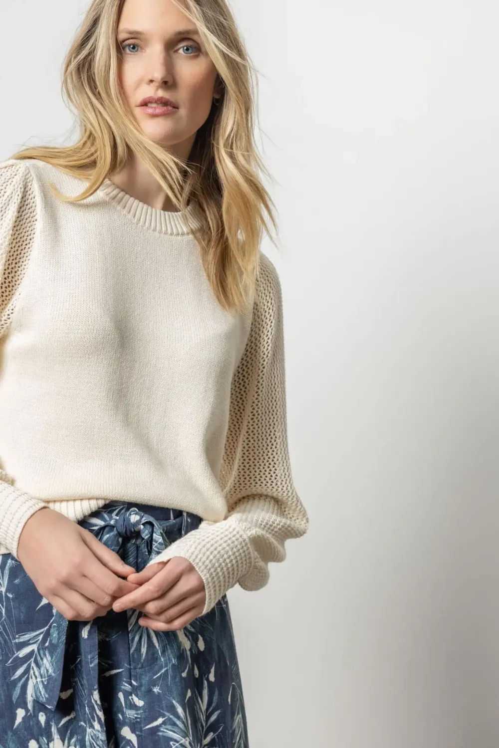 Lilla P Pointelle Sleeve Crewneck Sweater 