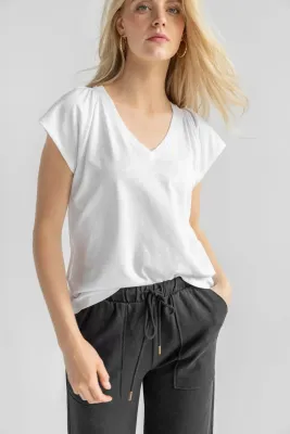  Lilla P Shirred Shoulder V-Neck Tee White