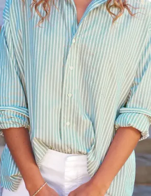 Frank &amp; Eileen Shirley Oversized Button Up Shirt Green Stripe 