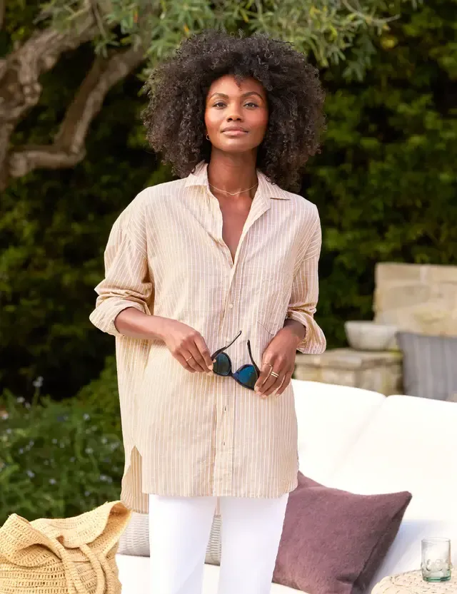  Frank &amp; Eileen Shirley Oversized Button Up Shirt Sand Stripe , Color: Sand Stripe, Size: XS
