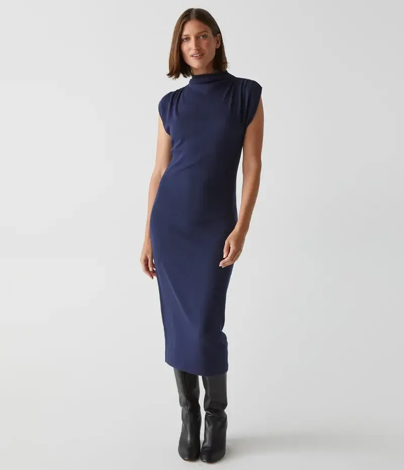 Michael Stars Iolanda Mock Neck Midi Dress Nocturnal, Color: Nocturnal, Size: XS