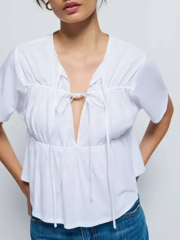 Nation Robin Tie Front Top , Color: White, Size: XS