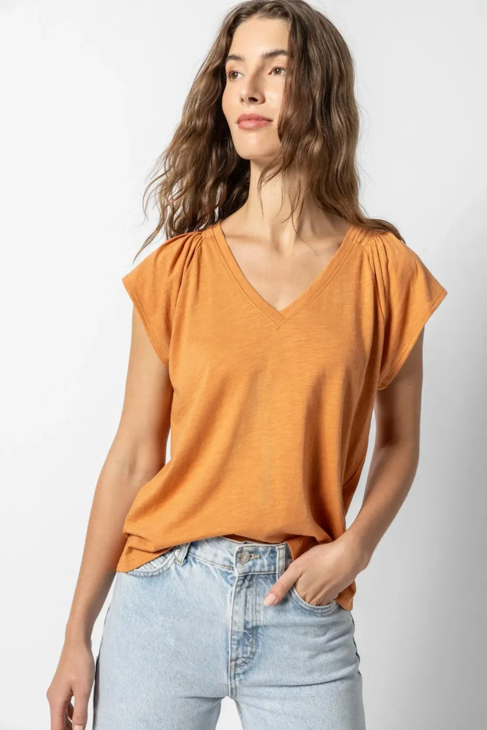 Lilla P Shirred Shoulder V-Neck Tee Honey, Color: Honey, Size: XS